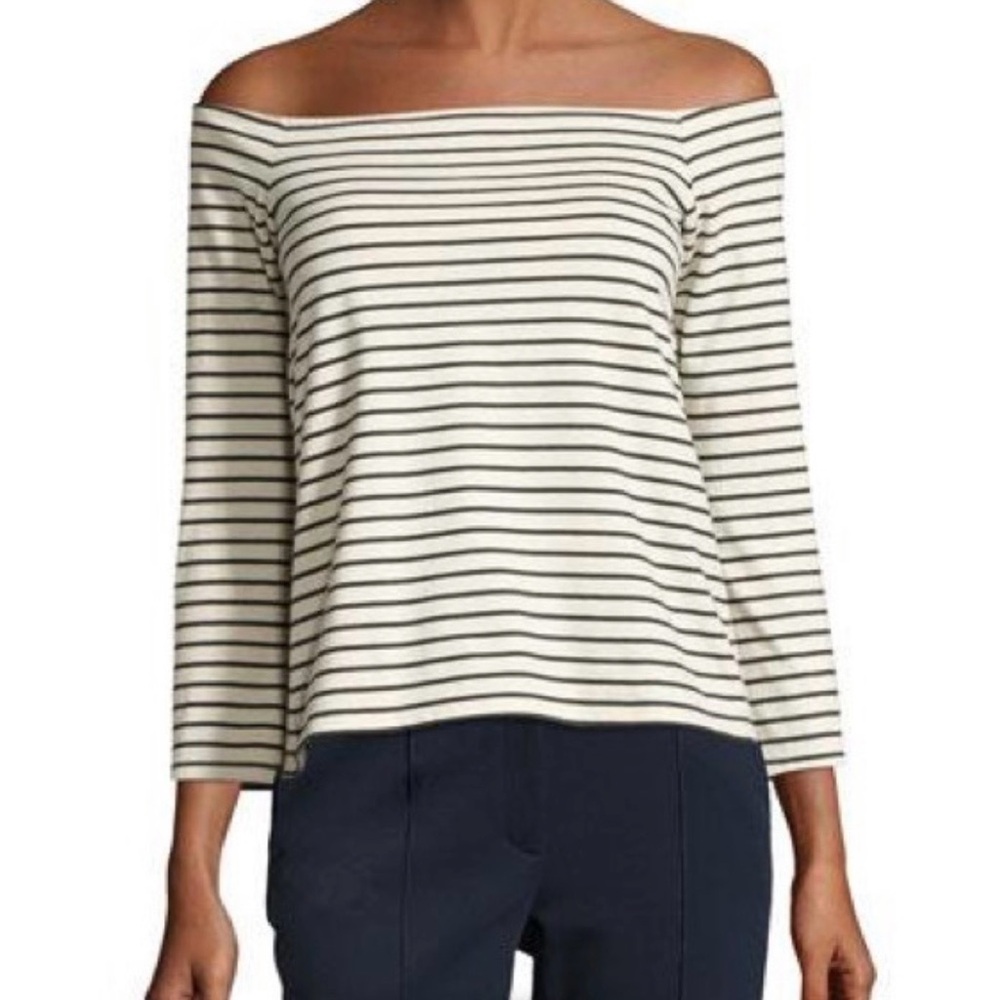 Theory Aprine Striped Boatneck Top Navy Cream 3/4 Sleeve Minimalist Chic Size S